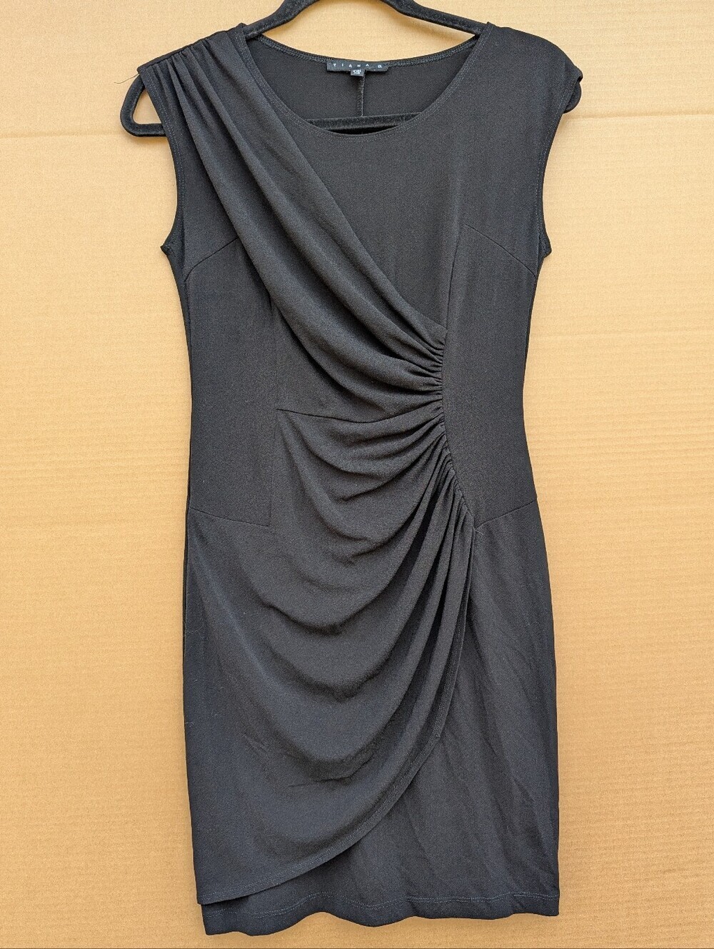 Tiana B Black Asymmetric Ruched Sheath Dress Sleeveless Draped Faux Wrap XS LBD